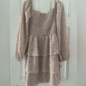 White and Red Rose Floral Print Long Sleeve Ruffle Dress